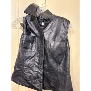 Ann Taylor Vest Black Leather Collared Zip Pockets Lined Size M